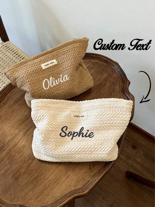 Bolsa de tela personalizada - Bolsa de gran capacidad con cremallera para cosméticos y artículos de tocador, marrón/beige, nombre/letra personalizable (agregar en notas), lavable, se puede combinar con etiqueta de nombre, regalo ideal