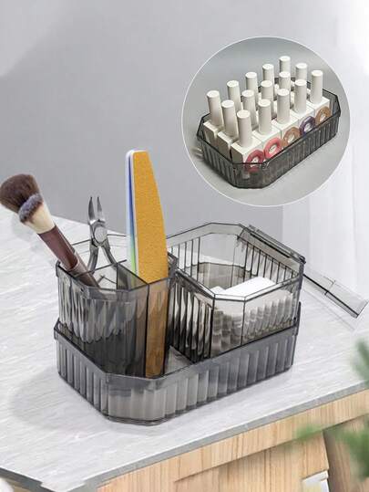 3-In-I Large-Capacity Nail Art Storage Container, 3-Compartment Nail Brush Storage Cup, Vintage Nail Storage Rack, Suitable For Dressing Tables, Bathroom Countertops, And Desktop Storage, Acrylic Cosmetic Display Box