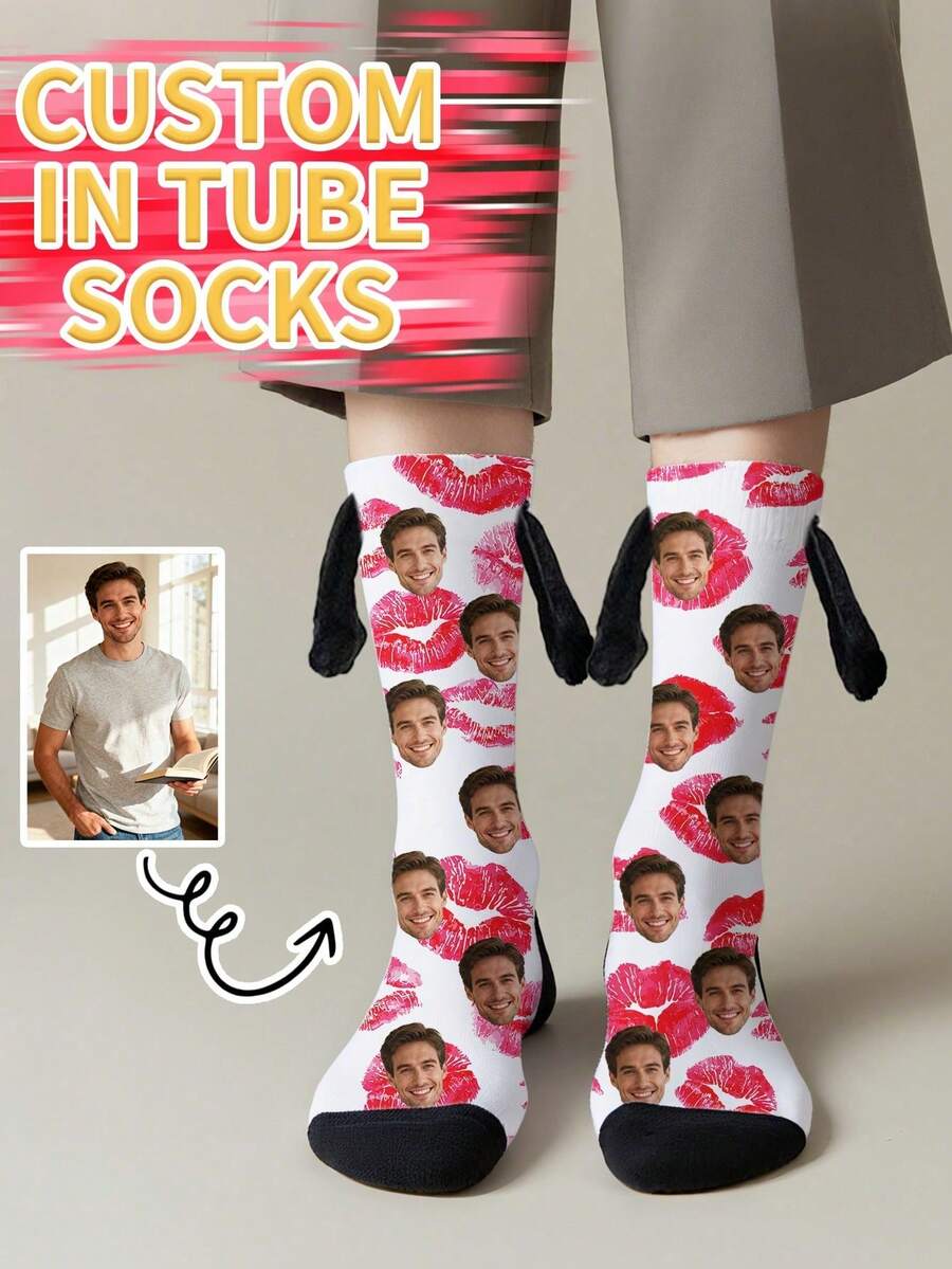 1 Pair Of Customized Face Children's Mid Tube Holding Hands Series Medium Socks, Put Any Face On The Socks, Personalized Socks With Photos, Interesting Customized Pictures With Medium Stockings, Suitable For Valentine's Day, Birthday, Gift Giving And Other Occasions, Personalized - Multicolor - View 1