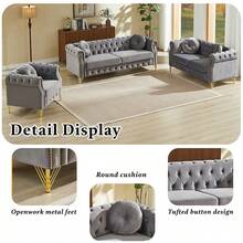 YOGLAD Modern Velvet Chesterfield Modular Sofa Couch Set With Tufted Button Back, Copper Stud Trim, Metal Legs & Decorative Armrest Rings, Spring Cushion Living Room Sofa, Single Seat, Loveseat & 3 Seater Upholstered Couch For Home Apartment - 灰色 - 查看 3
