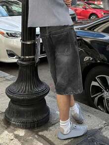 Men's Denim Shorts With A Relaxed Fit, Y2K Streetwear Style, With Pockets. An Essential Summer Wardrobe Item And The Perfect Gift For Family And Friends. - Grey - View 2