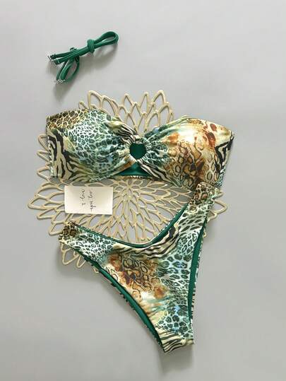 2026 Avrupa ve Amerika Tarzı Seksi Vintage Leopar Desenli Tatil Stili Lüks Bandeau Bikini İki Parça Plaj Takımı