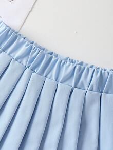 2件套女童校园运动爱心刺绣无袖Polo领上衣和百褶裙套装，夏季 - 淺藍色 - 查看 7