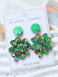1 Pair St. Patrick's Day Green Acrylic Bling Bling Glitter Clover Earrings, Minimalist Vintage Exaggerated Earrings, Holiday Party Gift - Kim sa hình cỏ ba lá - Xem 7