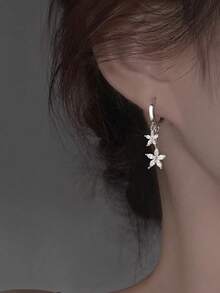 925 Silver Flower Zirconia Double Circle Ear Buckles Hypoallergenic Holiday Birthday Gift Box Daily Party - Silver - View 4