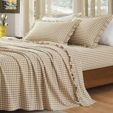 4 Pieces Plaid Ruffle King Size Sheets Set, Cotton Gingham King Sheet Set Linen Feel Comfy Breathable Ruffed Plaid Bed Sheet Set With 16 Inches Deep Pocket, Taupe - TaupePlaidKing - View 6