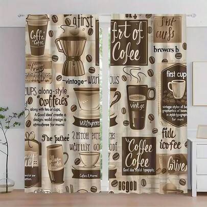2pcs Coffee Grinder Printed Curtains, Polyester Semi-Sheer Curtains, Machine Washable, Rod Pocket Design (Rods Not Included), Suitable For Office, Living Room, Bedroom, Dining Room, Kitchen, Bathroom, Study. Easy Installation Semi-Transparent Curtains, Everyday Home Decor, Suitable For All Seasons