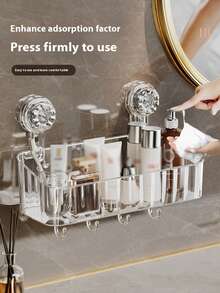 Suction Cup Bathroom Organizer Rack, Toilet Vanity Shelf, Wall Mounted Storage Box With Hooks, No Drilling Required - Multicolor - View 9