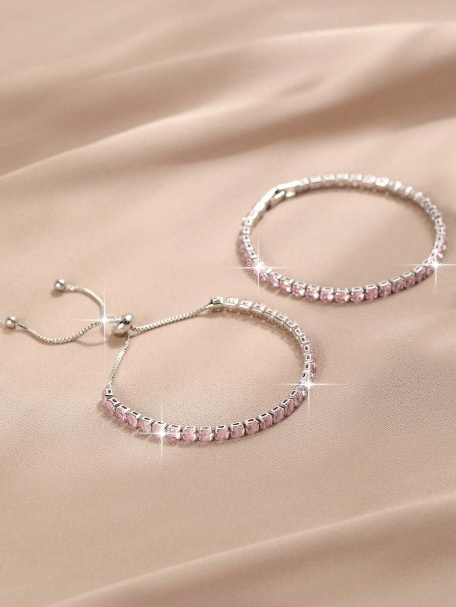 2 peças/1 conjunto Pulseiras de Corrente de Tênis de Zircônia Cúbica Rosa Requintada para Presentes de Aniversário, Festival e Decoração Diária de Joias de Cobre para Adolescentes - Pulseira - Visão 1
