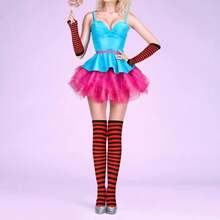 Benefeet Sox Womens Rainbow Striped Knee High Thigh High Socks Arm Warmers Set Fingerless Gloves Halloween Costume - 黑紅條紋 - 查看 5