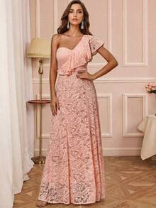 优雅蕾丝长款伴娘礼服，不对称领口和荷叶边袖子设计 - 珊瑚粉 - 查看 6