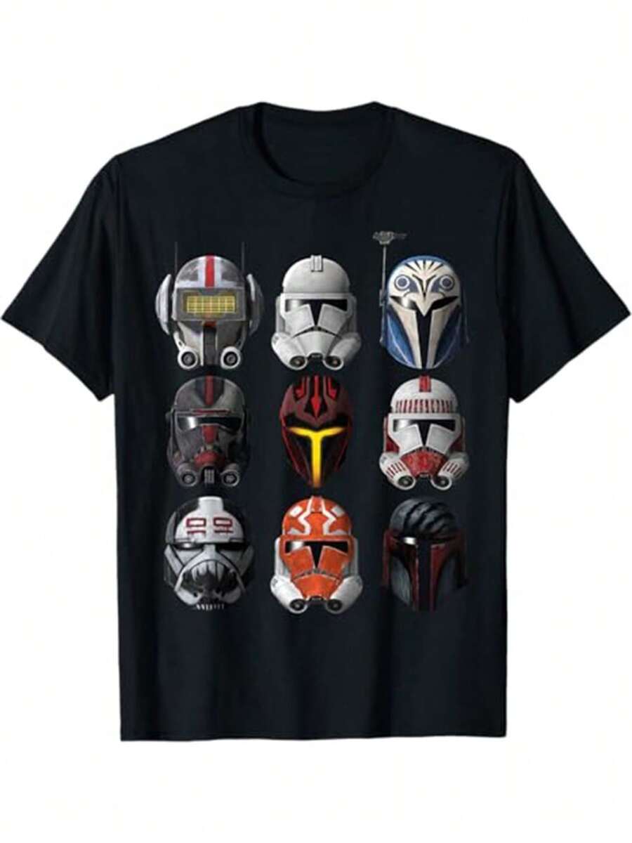 Clone Trooper & Mandalorian Helmet Grid T-Shirt Men Women's Unisex Perfect Cotton 220g T-Shirt - Short Sleeve Crew-Neck Daily Wear T Shirts, Machine Washable - Perfect For Summer & Outdoor Act - 黑色 - 查看 1
