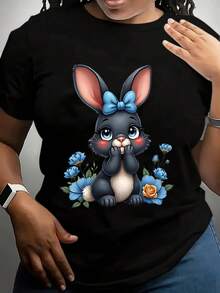 Plus Size, Plus Size Women's Cute Bunny Rabbit & Blue Floral Bow T-Shirt - Soft Round Neck Short Sleeve Blouse, Spring Summer Casual Top With Rabbit & Blue Flowers Print, Comfortable Casual Attire For E - Black - View 1