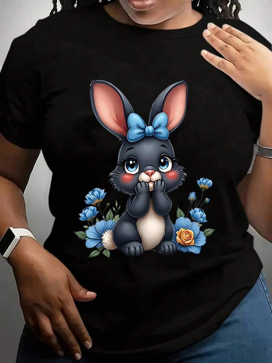 Plus Size, Plus Size Women's Cute Bunny Rabbit & Blue Floral Bow T-Shirt - Soft Round Neck Short Sleeve Blouse, Spring Summer Casual Top With Rabbit & Blue Flowers Print, Comfortable Casual Attire For E - Black - View 1