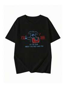 女士圆领短袖T恤，夏季新款卡通小狗图案字母印花，时尚休闲百搭宽松上衣 - 黑色 - 查看 3