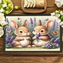 1pc/4pcs/6pcs/8pcs Vintage Rabbit Art Print Linen Placemats, Easter Gift, Easter Decor, Suitable For Dining Table, All Season Decoration, Modern Washable Tabletop Mat, Room Decor, Coasters, Kitchen Dining Placemats, Indoor Outdoor Party Decoration, Home Decor, Ideal Gift - Multicolor - View 1