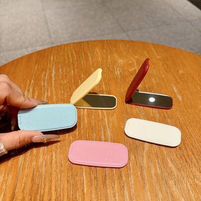 迷你折叠支架仿皮纹理镜面化妆镜手机支架时尚粘胶横竖两用便携式桌面支架情人节礼物