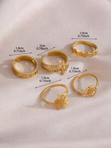 4 Stücke/5 Stücke Set minimalistische Mode kühler Ton Landschaft Edelstahl vergoldeter Liebesblatt offener Ring Set, geeignet für Damen Alltag, Festivals, Partys oder als Geburtstags-, Valentinstags-Geschenk - Gold - Übersicht 6