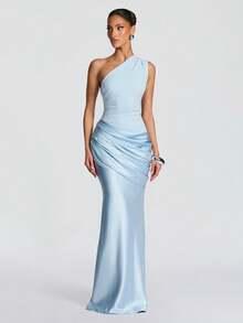 Vestido de cóctel ajustado con hombro asimétrico elegante, diseño fruncido en la cintura y las caderas, adecuado para ocasiones formales, fiestas de cóctel, vestidos de dama de honor, fiesta - Celeste - Ver 4