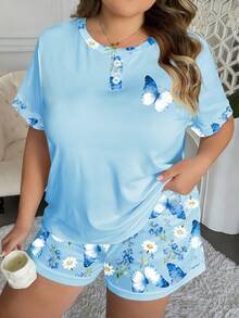 Plus Size Women's Fashion Sleepwear Set, Patchwork Design Faux Button, Solid Color Butterfly Print Laser Round Neck Short Sleeve Top + Allover Print Shorts 2 Piece Casual Suit - Multicolor - View 4