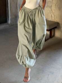Loose, Relaxed, Green Plaid Drawstring Wide Leg Pants, Women Casual Wear For Spring/Summer - Green - View 3