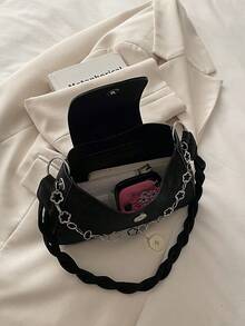 时尚高品质女士小手提包，新款简约小众设计，可单肩/腋下/斜挎链条包 - 黑色 - 查看 5