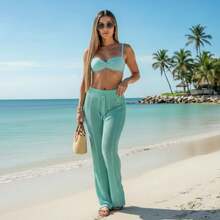 Women's Beach Cover-Up Pants With Cutouts, Summer Fashion, Ideal For Layering Over A Bikini, Swimsuit, Beach, Pool, Risorte - Baby Green - View 4