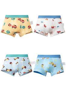 4pcs/Pack Boys' Cartoon Truck Print Breathable Elastic Comfortable Boxer Briefs - Multicolor - View 2