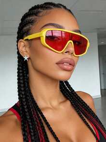 1pc Oversized European & American Style Fashion Shield Fashion Glasses, Personalized Glasses For Outdoor, Travel, Driving, Beach Outfit Accessory - Yellow - View 2