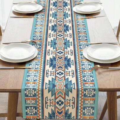 Southwestern Dining Table Runner, Boho Vintage Western Rustic Burlap Kitchen Decor, African Geometric Elements