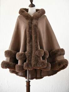 1 chiếc khăn choàng Poncho lông nhân tạo hai lớp màu trơn thời trang thu đông, có mũ trùm đầu bằng Acrylic, giản dị, thanh lịch cho tiệc tùng, trang phục - màu đen - Xem 15