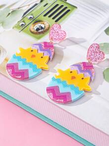 1对时尚复活节亚克力耳环，心形、裂蛋、小鸡设计，印花图案，节日礼物首饰 - 蛋 - 查看 4