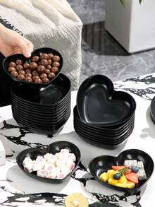 10pcs Black Heart-Shaped Plates With Stands, Plastic Snack And Breakfast Serving Plates, Reusable For Kitchen Use - Multicolor - View 5