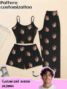 Bộ đồ ngủ 3 món nữ tùy chỉnh, có thể in bất kỳ họa tiết nào, đồ ngủ cá nhân hóa với ảnh, đồ ngủ thoải mái với hình ảnh ngộ nghĩnh tùy chỉnh. Thích hợp cho Ngày Valentine, Sinh nhật, Quà tặng, Cá nhân hóa, Đầy màu sắc, Dễ thương, Hài hước, Độc đáo, Quà tặng lý tưởng cho bạn gái, Thích hợp cho bạn gái, Gia đình, Bạn bè, Người lớn tuổi, Thời trang cho mùa thu, Các dịp tiệc tùng. - màu đen - Xem 1
