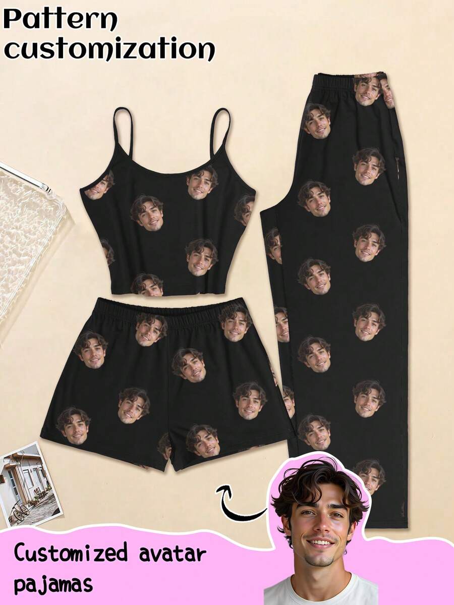 Bộ đồ ngủ 3 món nữ tùy chỉnh, có thể in bất kỳ họa tiết nào, đồ ngủ cá nhân hóa với ảnh, đồ ngủ thoải mái với hình ảnh ngộ nghĩnh tùy chỉnh. Thích hợp cho Ngày Valentine, Sinh nhật, Quà tặng, Cá nhân hóa, Đầy màu sắc, Dễ thương, Hài hước, Độc đáo, Quà tặng lý tưởng cho bạn gái, Thích hợp cho bạn gái, Gia đình, Bạn bè, Người lớn tuổi, Thời trang cho mùa thu, Các dịp tiệc tùng. - màu đen - Xem 1