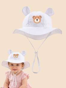 1 chiếc mũ chống nắng tai gấu dễ thương cho bé từ 3-12 tháng tuổi, có miếng vá hình gấu, dây đeo cằm điều chỉnh được, vành rộng, chống tia UV. - Mũ ngư dân hình gấu - Xem 12