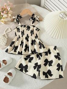 2pcs/Set Girls' Casual Outgoing Fashion Bowknot Print Contrast Color 3D Bow Design Sleeveless Top And Shorts Set, Spring/Summer - Apricot - View 1