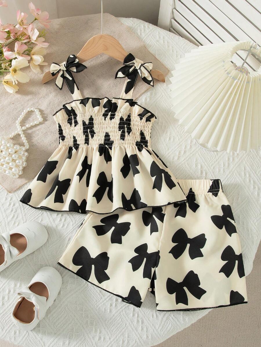 2pcs/Set Girls' Casual Outgoing Fashion Bowknot Print Contrast Color 3D Bow Design Sleeveless Top And Shorts Set, Spring/Summer - Apricot - View 1
