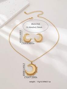 1 Set de Joyas con Aretes y Collar con Diseño Geométrico de Luna, Diseño Versátil - Amarillo Oro - Ver 4