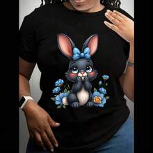 Plus Size, Plus Size Women's Cute Bunny Rabbit & Blue Floral Bow T-Shirt - Soft Round Neck Short Sleeve Blouse, Spring Summer Casual Top With Rabbit & Blue Flowers Print, Comfortable Casual Attire For E - Black - View 8
