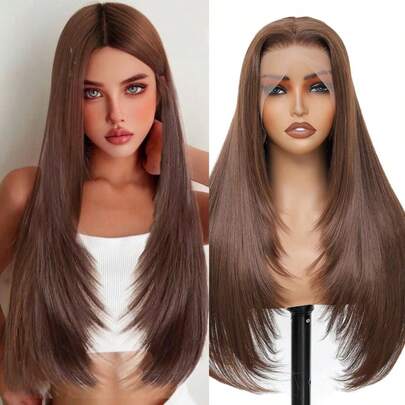 26Inch Glueless Natural Black Straight Layered Wig Wear And Go 4x6 Lace Front Synthetic Wig Pre Style Pre Plucked Pre Cut Vivid Self-Growing Hairline Tiny Knots Premium Fiber