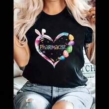 Plus Size, Women's Easter Pharmacist Heart Applique T-Shirt - Casual Crew Neck, Short Sleeve, 100 Fabric, Colorful Alphabet And Graphic Design, Lightweight Summer Top, Spring Fashion Top Themed Casualwe - Black - View 8