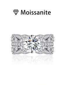 女士结婚戒指套装，花卉镂空两件套可叠戴戒指，5.1克925纯银，2克拉莫桑石，波西米亚宫廷风格，订婚、结婚、周年纪念、情人节礼物，附赠莫桑石证书和精美礼盒 - 銀色 - 查看 14