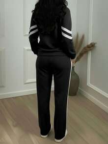 女士条纹印花长袖棕色上衣外套搭配休闲直筒裤套装，弹性面料，百搭春季穿搭，两件套，黑色 - 黑色 - 查看 5