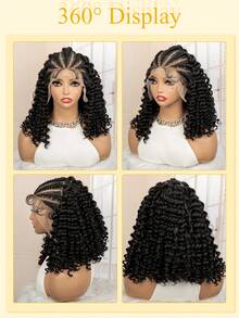 优雅杰瑞卷辫子波波头假发，女士款 - 13x6蕾丝前额，轻盈合成纤维，手工盒式辫子，带婴儿发 - 黑色 - 查看 11