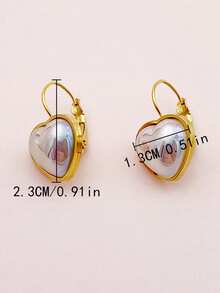 一对可爱甜美的心形仿珍珠耳坠，18K镀金不锈钢材质，女士通勤、约会、派对配饰、节日礼物 - 愛心 - 查看 2