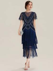 EVERPRETTY Đầm cocktail kiểu Flapper thập niên 1920 dành cho nữ mùa hè, đính cườm và tua rua, dáng midi, thích hợp cho tiệc tối, sự kiện cổ điển, dạ hội hoặc đám cưới. - Màu xanh hải quân - Xem 7