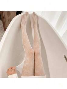 1 Pc Bow Mesh Printed Leggings, Suitable To Pair With Skirts - White - View 4