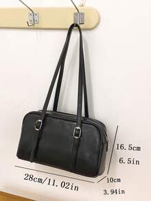 Vintage Black Patent Leather Crossbody Bag With Silver Buckle Detail, Retro Bowling Bag For Women, Y2K Aesthetic Shoulder Purse, Spacious Medium-Sized Handbag For Daily Commute & Casual Outings, Glossy PU Leather Adjustable Strap Tote, Perfect For School, Work & Weekend Errands, Easy To Match With Oversized Shirts & Jeans. - Black - View 8