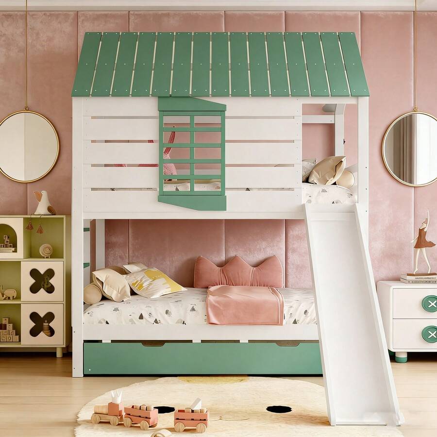 Kids Bed Frames, Headboards & Footboards - White+Green + MDF + Pine + Plywood + 90cm*200cm-1 - View 1